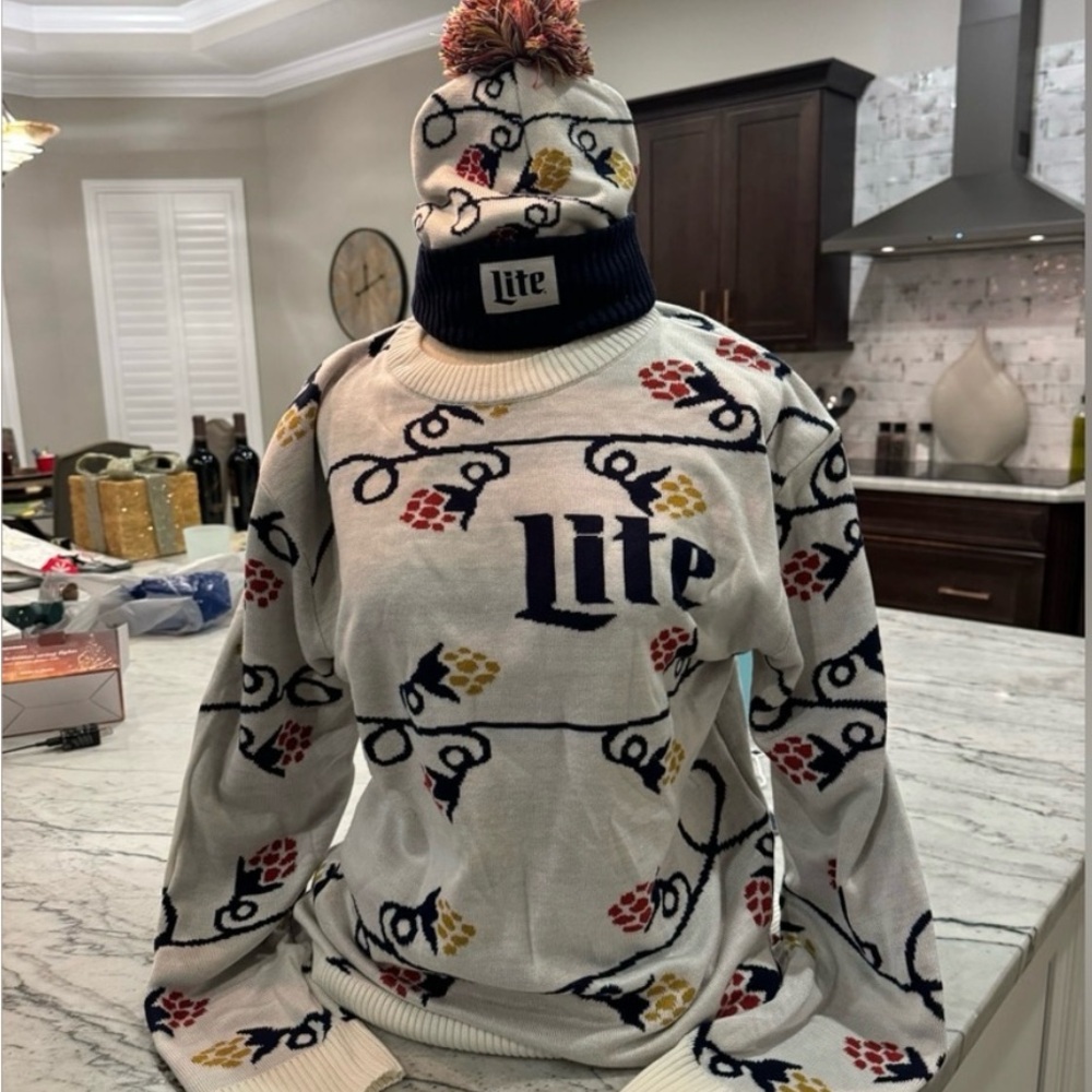 Miller Lite Holiday Sweater and Beanie Set Mens or Womens Unisex
